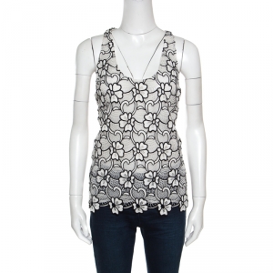 Emanuel Ungaro White and Black Semi Sheer Floral Lace Cotton Tank Top M