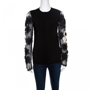 Emanuel Ungaro Black Floral Applique Lace Sleeve Detail Cardigan  L