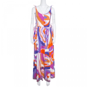 Emilio Pucci Multicolor Abstract Printed Cotton Tie Up Detail Sleeveless Maxi Dress L