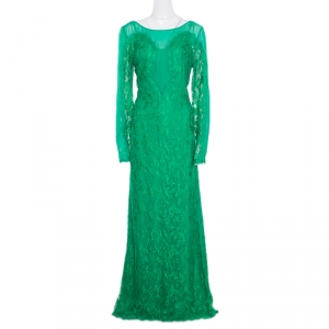 Emilio Pucci Emerald Green Lace Applique Long Sleeve Evening Gown L