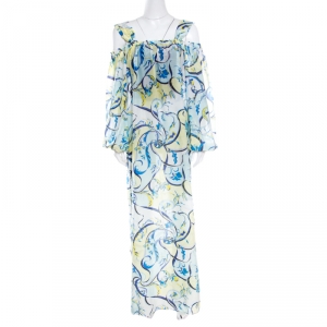 Emilio Pucci Blue and Yellow Printed Cotton Silk Cold Shoulder Tie Detail Dress L