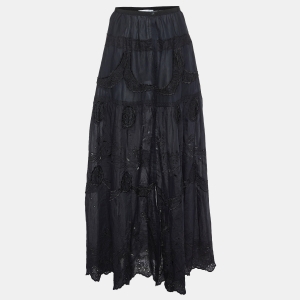 Pre Owned Emilio Pucci Black Broderie Anglaise Cotton Maxi Skirt S