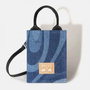 Emilio Pucci Dark Blue Cotton Marmo-Print Denim Tote Bag