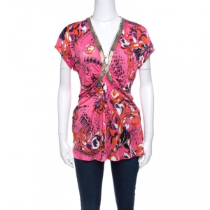 Emilio Pucci Multicolor Printed Knit Embellished Ruched Front Top L