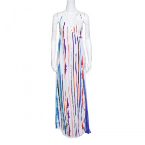 Emilio Pucci White Striped Pleated Tie Detail Maxi Dress S