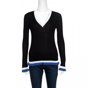 Emilio Pucci Black Ribbed Knit Contrast Ruffled Trim V-Neck Sweater M