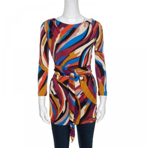 Emilio Pucci Multicolor Printed Knit Long Sleeve Belted Top M