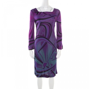 Emilio Pucci Purple Printed Jersey Square Neck Long Sleeve Dress M
