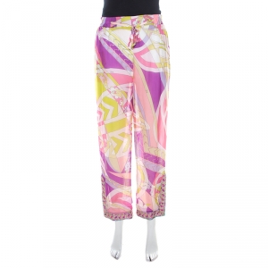 Emilio Pucci Multicolor Abstract Print Sheer Silk Elasticized Waist Trousers S