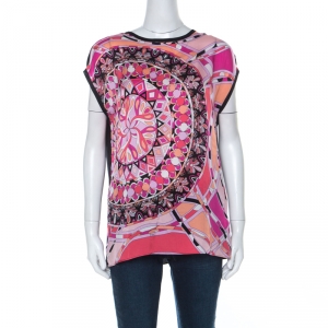 Emilio Pucci Pink & Black Signature Print Silk Sleeveless Top M
