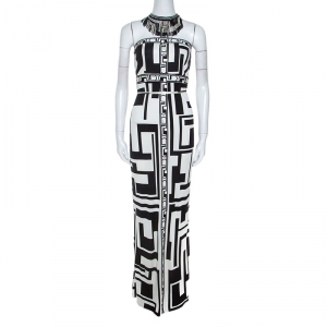 Emilio Pucci Monochrome Printed Silk Beaded Collar Dress M