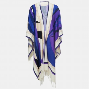 Emilio Pucci Blue Printed Cashmere Poncho One Size