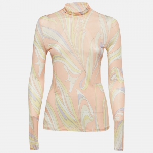 Emilio Pucci Pastel Pink Abstract Print Jersey High Neck Long Sleeve Top M