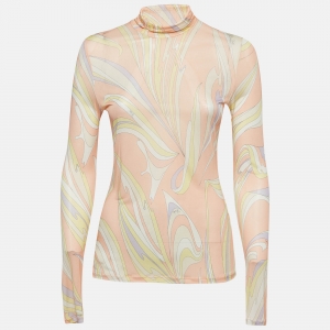 Pre Owned Emilio Pucci Pastel Pink Abstract Print Jersey High Neck Long Sleeve Top M