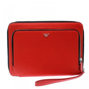 Pre Owned Emporio Armani Coral Orange Leather Zip Around Ipad Case