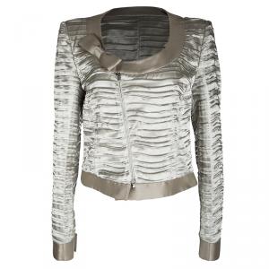 Pre Owned Emporio Armani Beige Pleated Textured Satin Bow Detail Cropped Zip Front Jacket L