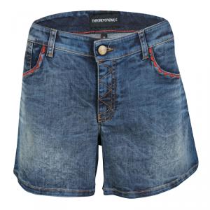 Pre Owned Emporio Armani Indigo Faded Effect Embroidered Pocket Trim Detail Denim Shorts M