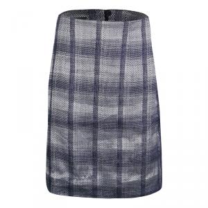 Pre Owned Emporio Armani Navy Blue and Grey Checkered Jacquard Pencil Skirt S