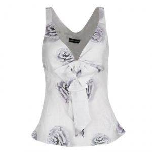 Pre Owned Emporio Armani Grey Rose Print Bow Detail Sleeveless Silk Top S