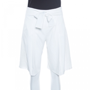 Emporio Armani White Textured Tie Waist Detail Bermuda Shorts S