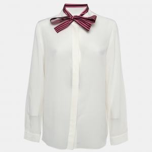 Pre Owned Emporio Armani Off white Silk Tie-Up Neck Shirt L