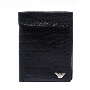 Emporio Armani Dark Brown Croc Embossed Leather Eagle Bi Fold Wallet