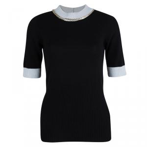 Pre Owned Emporio Armani Black Wool Contrast Ribbed Trim Neck Embellished Sweater M