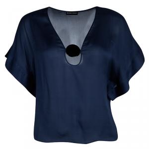 Pre Owned Emporio Armani Navy Blue Silk Contrast Buckle Detail Sheer Top S