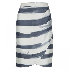 Pre Owned Emporio Armani Grey and Blue Striped Draped Silk Skirt L