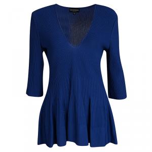 Pre Owned Emporio Armani Blue Ribbed Knit Flared Bottom Long Sleeve Top L