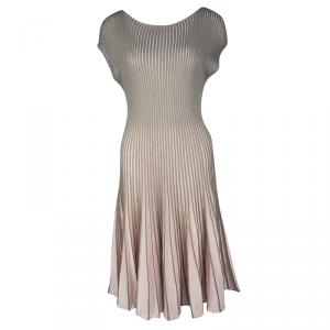 Pre Owned Emporio Armani Grey and Pink Striped Pleated Boat Neck Dress M