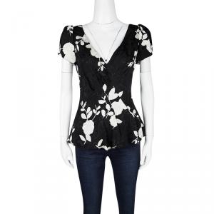 Pre Owned Emporio Armani Monochrome Floral Print Back Tie Detail Blouse M