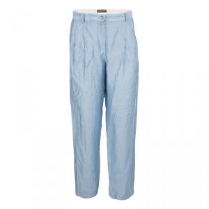 Pre Owned Emporio Armani Blue Linen High Waist Pants S