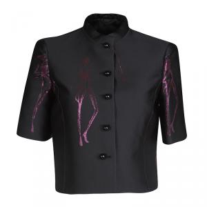 Pre Owned Emporio Armani Black Metallic Croquis Pattern Jacquard Cropped Jacket S