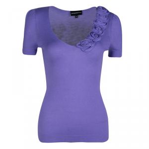 Pre Owned Emporio Armani Lavender Knit Rose Applique Detail Short Sleeve Fitted Top S