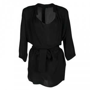 Pre Owned Emporio Armani Black Silk Draped Front Belted Blouse S