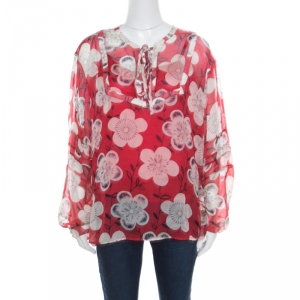 Pre Owned Emporio Armani Red and White Floral Printed Silk Neck Tie Detail Blouse XL