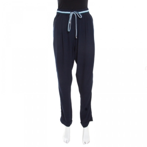 Pre Owned Emporio Armani Navy Blue Crepe Drawstring Detail Pants M
