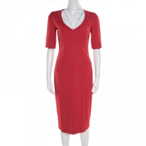 Pre Owned Emporio Armani Red Textured Short Sleeve Pencil Dress M