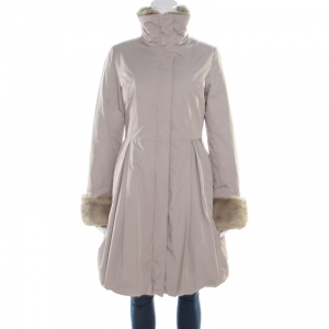 Emporio Armani Beige Rabbit Fur Trim Waterproof Dress Coat S