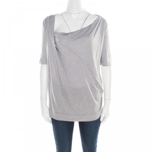 Pre Owned Emporio Armani Grey Modal and Silk Jersey Asymmetric Draped Front Top L