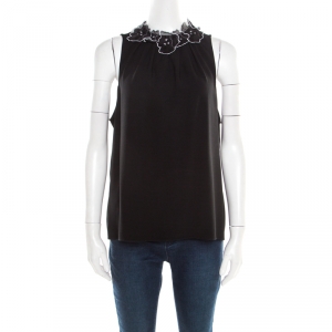 Pre Owned Emporio Armani Black Floral Applique Neck Detail Sleeveless Blouse L