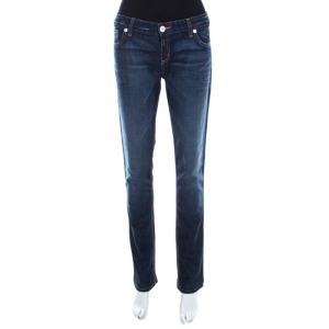 Pre Owned Emporio Armani Indigo Faded Effect Denim Distressed Tapered Jeans M