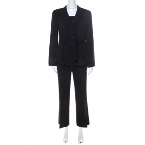Pre Owned Emporio Armani Black Pinstripe Wool Padded Shoulder Tie Front Detail Tailored Suit M 