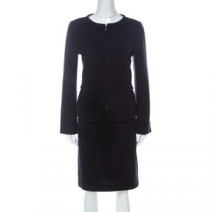 Pre Owned Emporio Armani Navy Blue Wool Zip Front Skirt Suit M