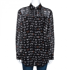 Pre Owned Emporio Armani Black Chiffon Logo Print Sheer Blouse M 