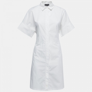 Pre Owned Emporio Armani White Cotton Button Front Belted Short Shirt Dress S