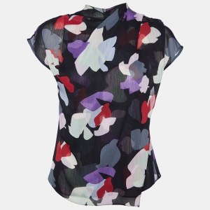 Pre Owned Emporio Armani Black Printed Chiffon Faux Wrap Top S
