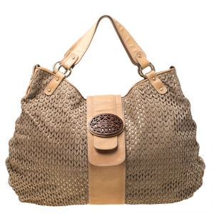Emporio Armani Beige/Light Brown Lasercut Suede and Leather Hobo