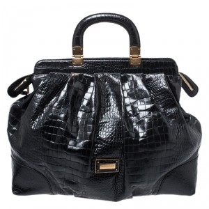Emporio Armani  Black Croc Embossed Leather Satchel
